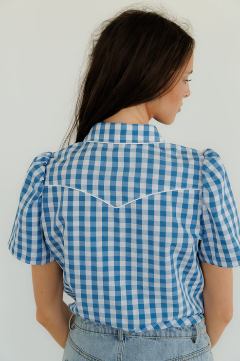 Blue Gingham Pearl Snap