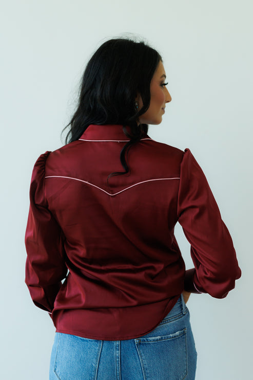 Wine Satin Long Sleeve Blouse