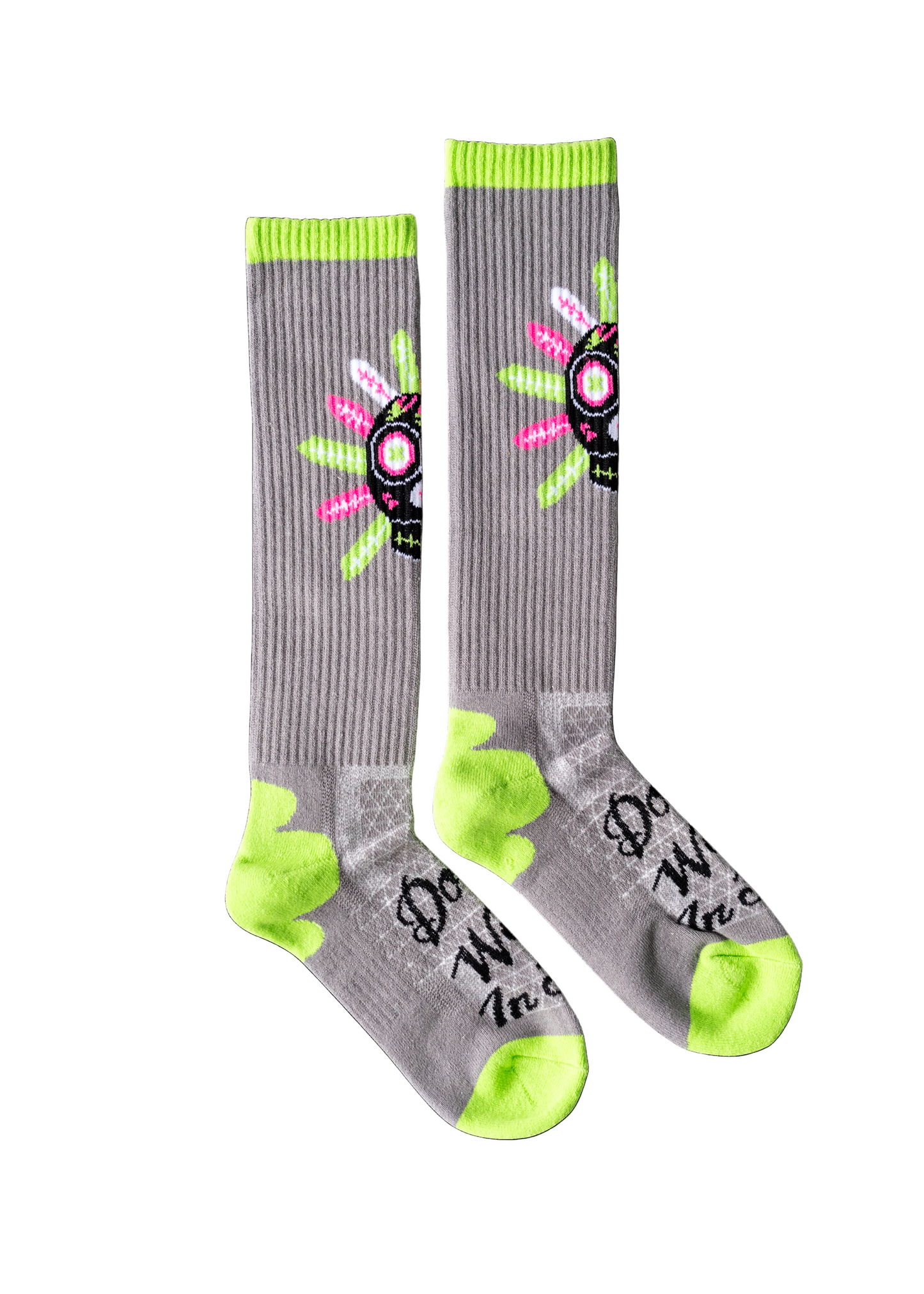 Gray socks with green accents and colorful designs on a white background