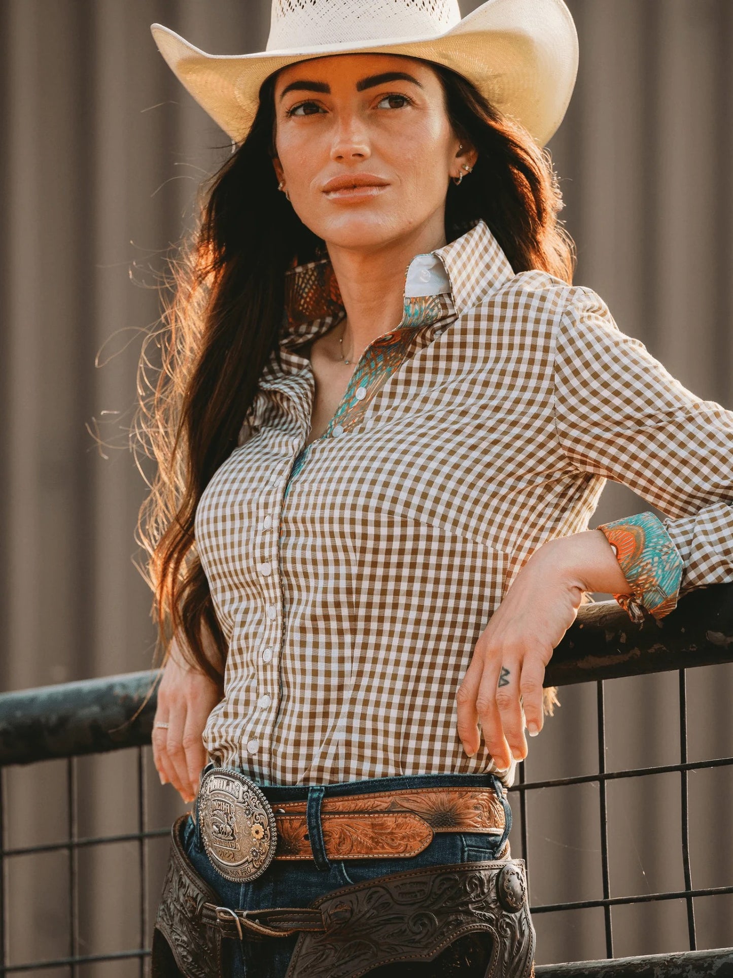 Frank & Rio Olive Gingham Peacock Accent Shirt