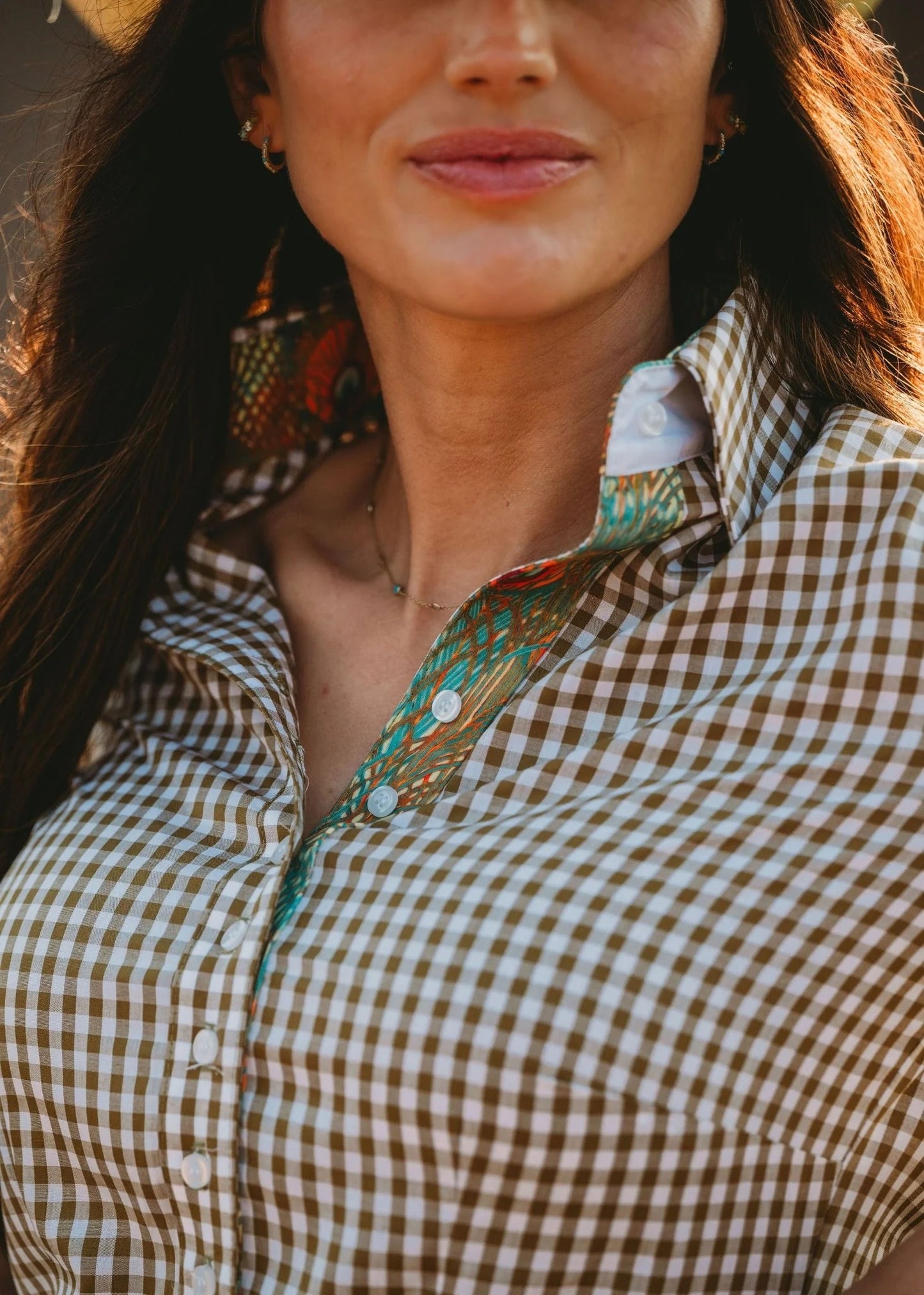 Frank & Rio Olive Gingham Peacock Accent Shirt