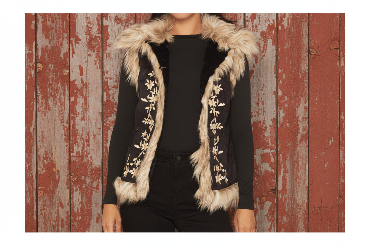 Black jacket with fur trim and floral embroidery on a white background