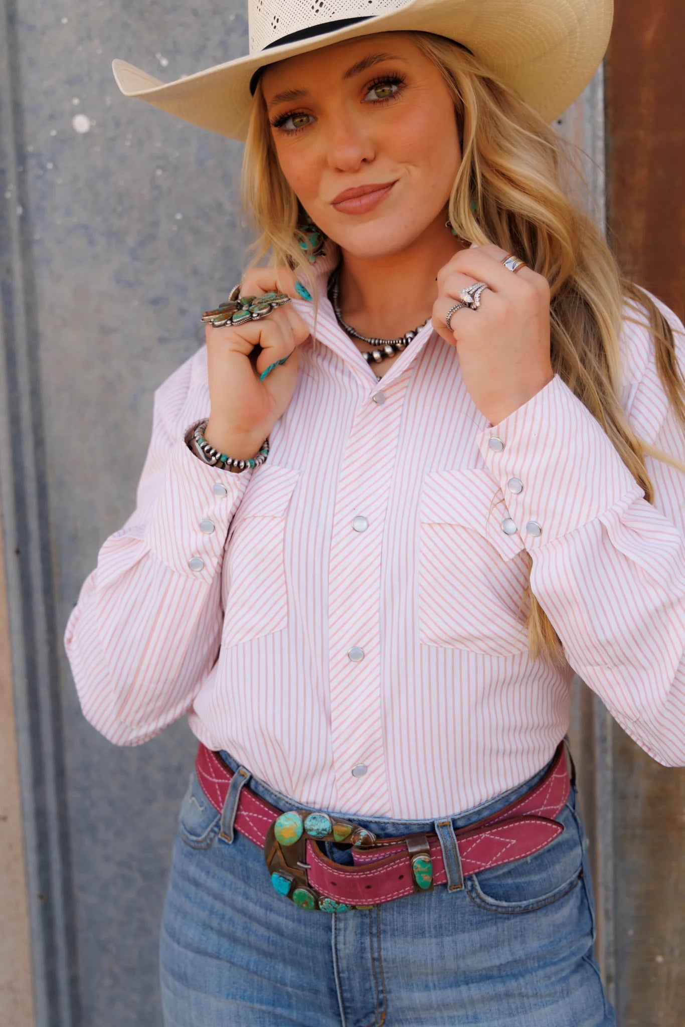 Peach Stripe Pearl Snap