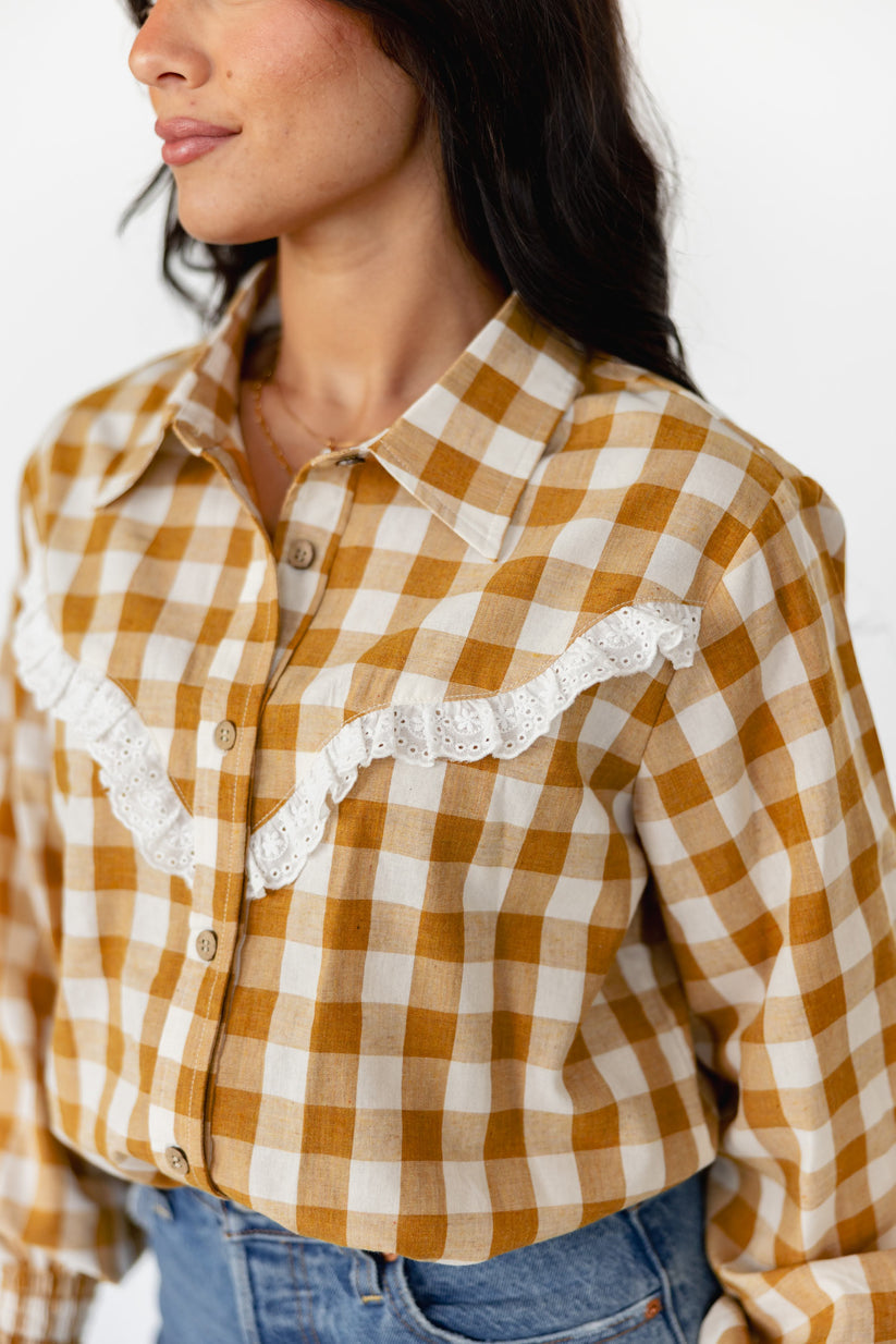 Brown Gingham Ruffle Top