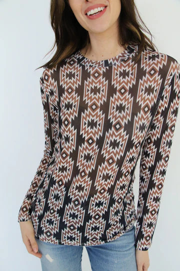 Aztec Mesh Long Sleeve Top