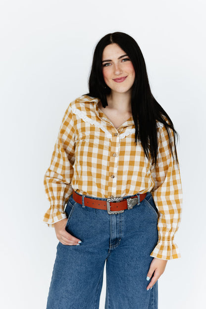 Brown Gingham Ruffle Top