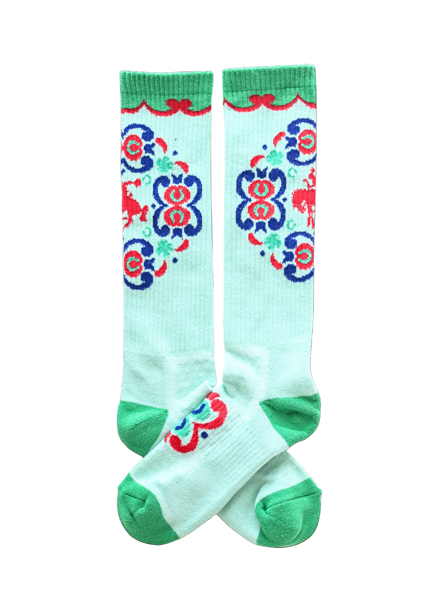Colorful socks with floral patterns on a white background