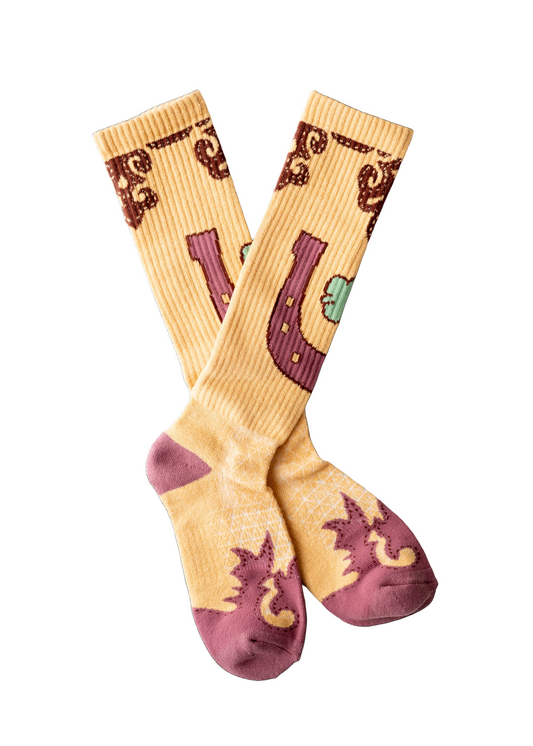 Pair of socks with horse shoe design on a peach background