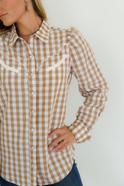 Brown Gingham Long Sleeve Blouse