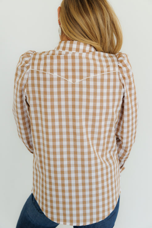 Brown Gingham Long Sleeve Blouse