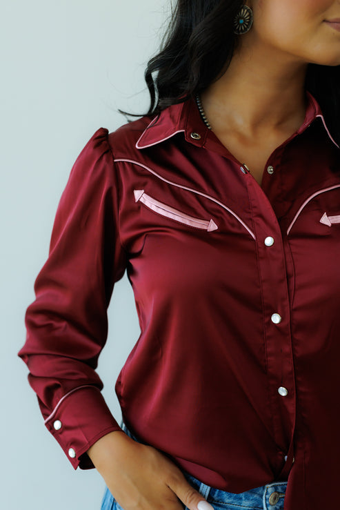 Wine Satin Long Sleeve Blouse