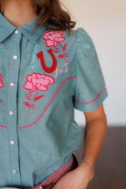 Pink Rose Chambray Short Sleeve Pearl Snap