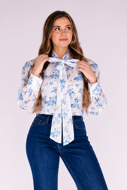 Blue Floral Tie Top