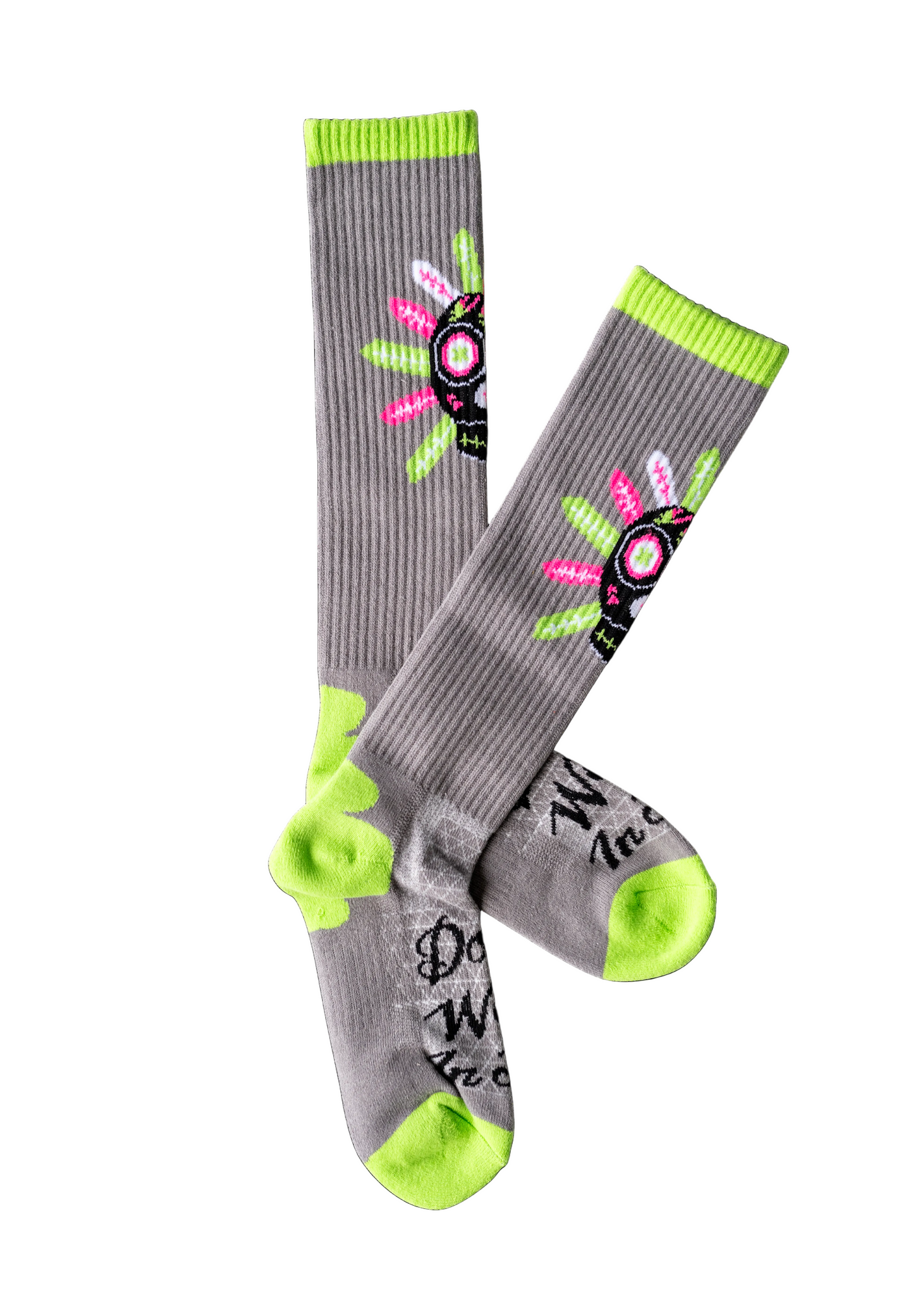 Gray socks with floral designs and green accents on a white background