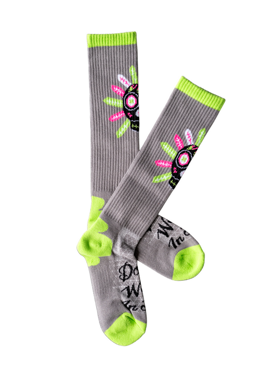 Gray socks with floral designs and green accents on a white background