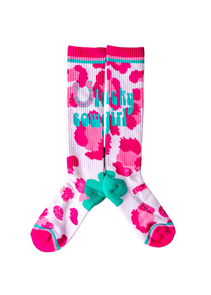 Colorful socks with pink floral pattern and turquoise text on a white background