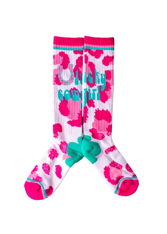 Colorful socks with pink floral pattern and turquoise text on a white background