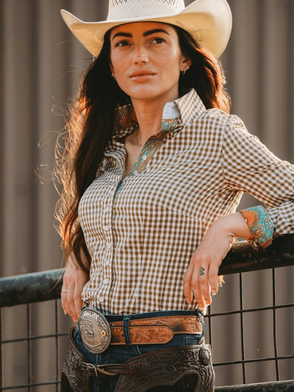 Frank & Rio Olive Gingham Peacock Accent Shirt