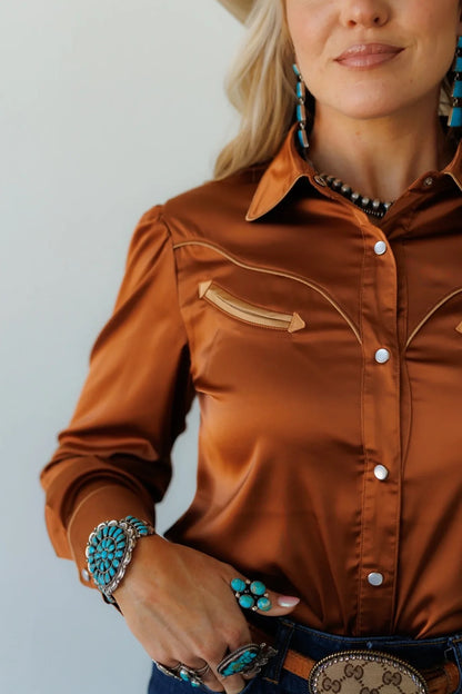 Copper Satin Long Sleeve Blouse