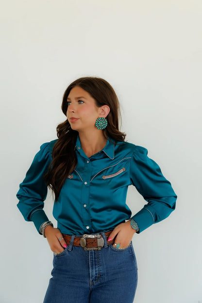 Teal Satin Long Sleeve Blouse
