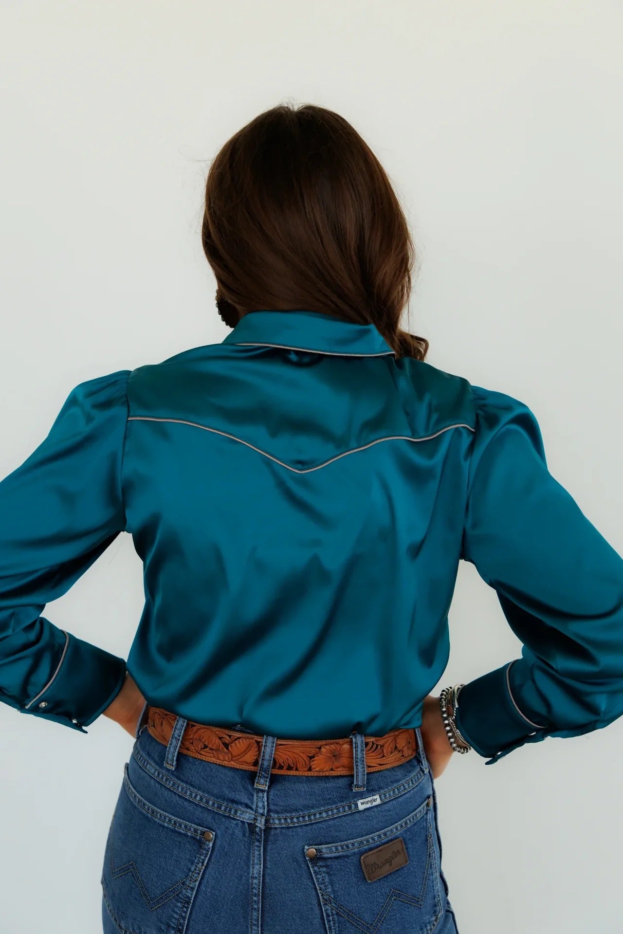 Teal Satin Long Sleeve Blouse