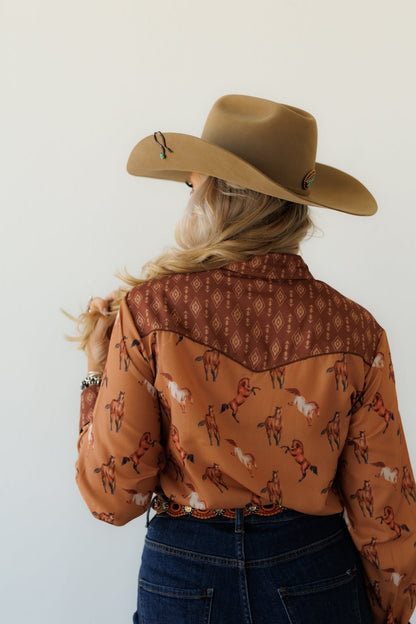 Brown Running Horse Pearl Snap