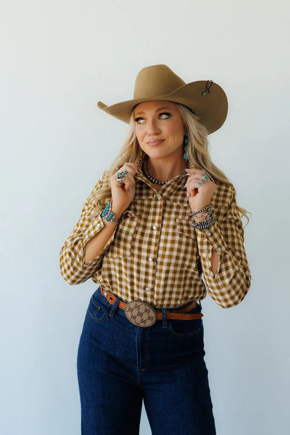 Brown Gingham Pearl Snap