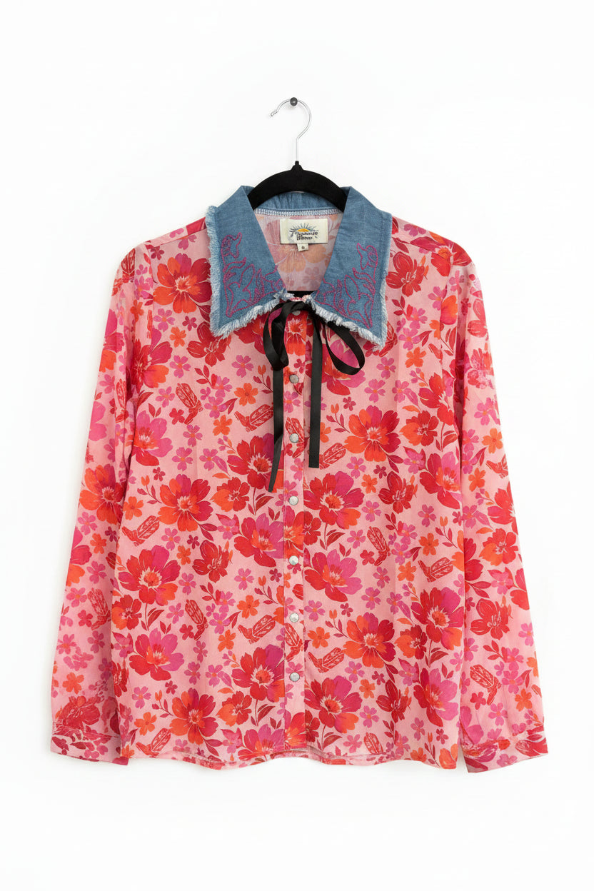 Floral patterned shirt with denim collar and black ribbon tie