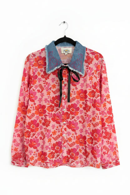 Floral patterned shirt with denim collar and black ribbon tie