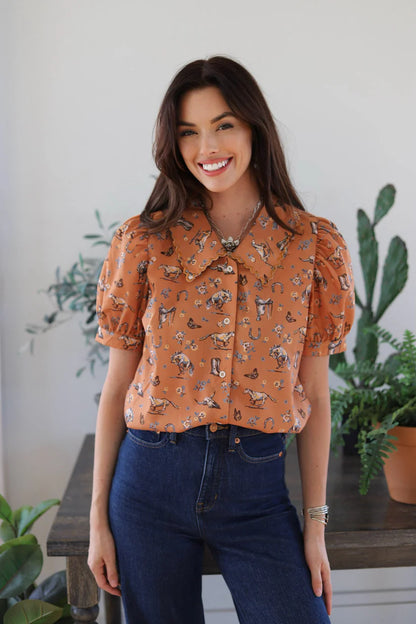 Butterflies and Horses Short Sleeve Blouse