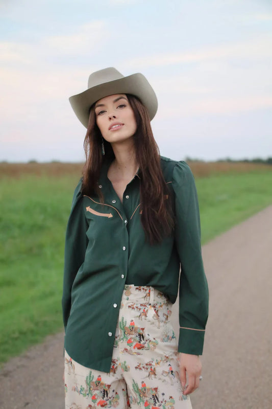 Green & Tan Long Sleeve Blouse