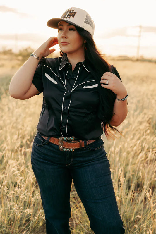 Black Satin Short Sleeve Blouse