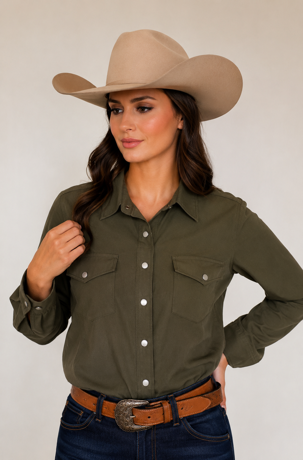 Performance Olive Long Sleeve Pearl Snap