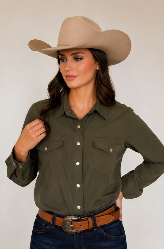 Performance Olive Long Sleeve Pearl Snap