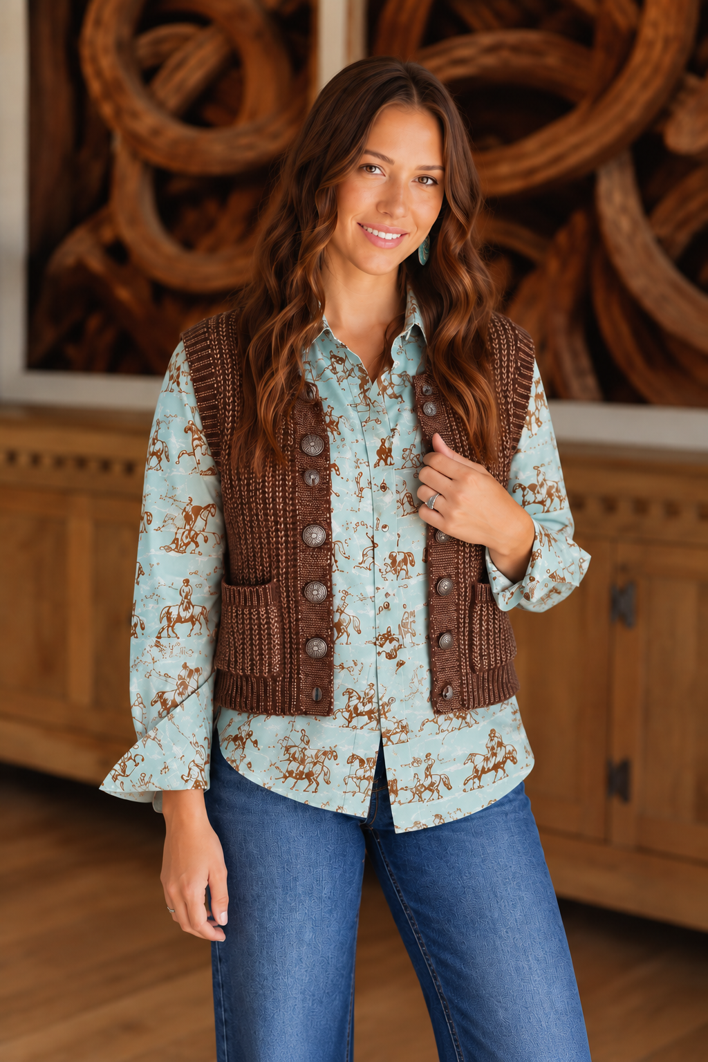 Corded Concho Button Vest - Brown