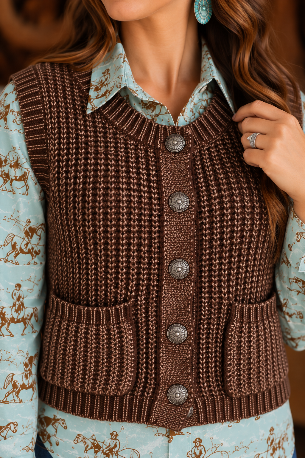 Corded Concho Button Vest - Brown