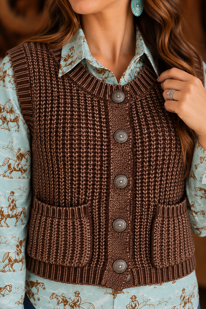 Corded Concho Button Vest - Brown